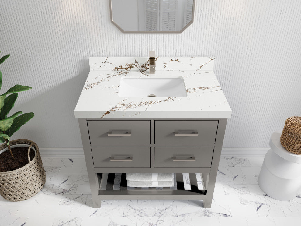 Parker 36" Single Sink Bath Vanity, Elephant Skin Gray 2" Viola Brown