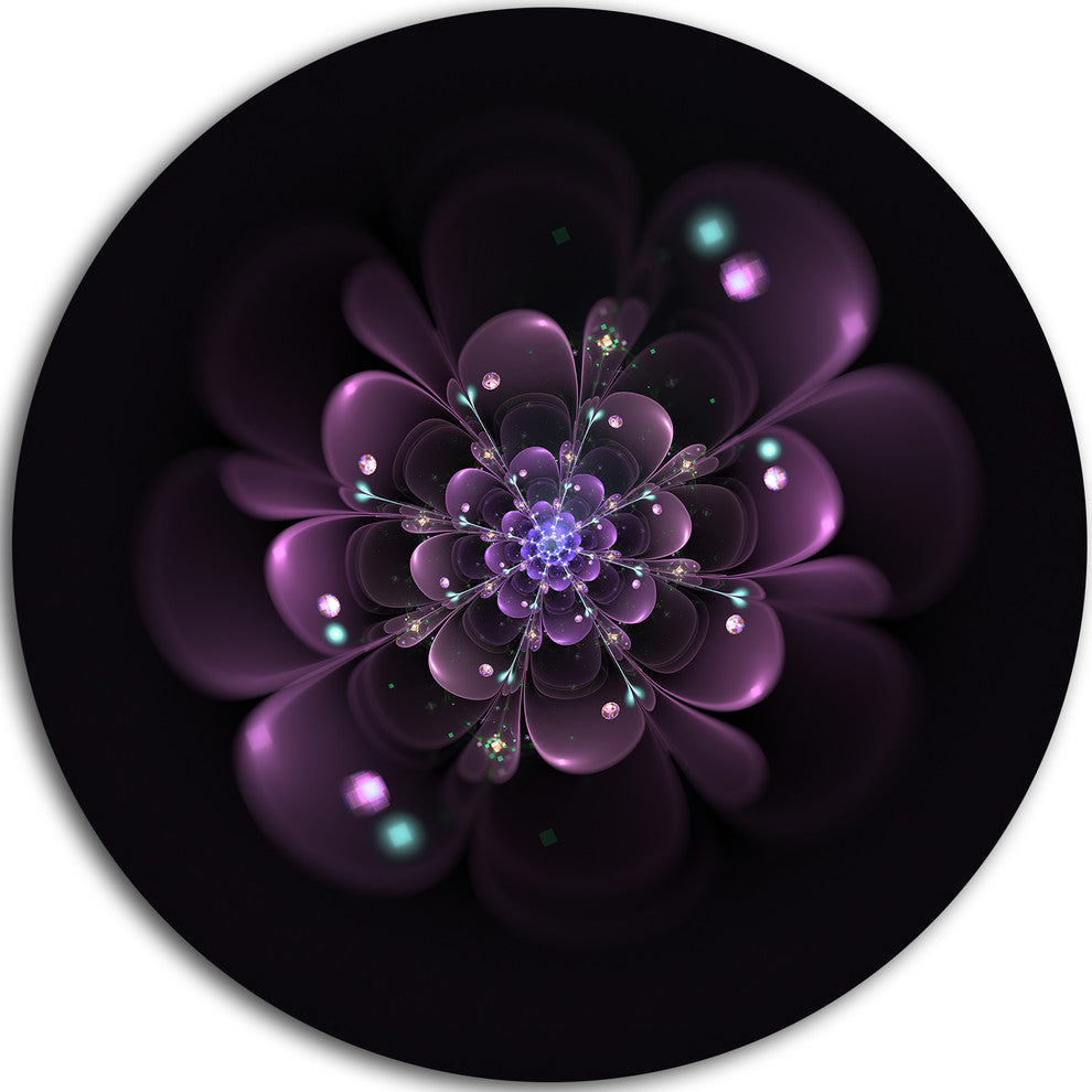 Glowing Light Purple Fractal Flower On Black, Disc Metal Wall Art, 23"