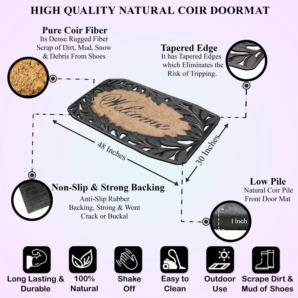 A1HC Welcome Stylish Leaf Border Rubber and Coir Outdoor Doormat, 23"x38", Black