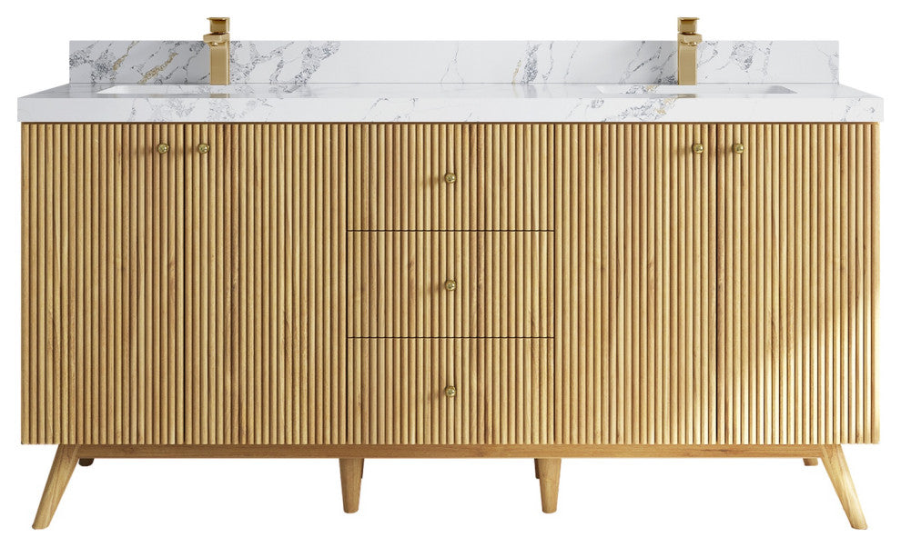 Pasadena 72" Double Sink Bath Vanity, Light Natural Teak 2" Calacatta Poanazzo