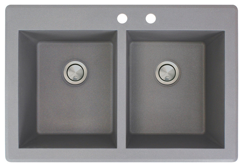 Radius 33" silQ Granite Drop-in Double Bowl Kitchen Sink with 2 Holes in Grey
