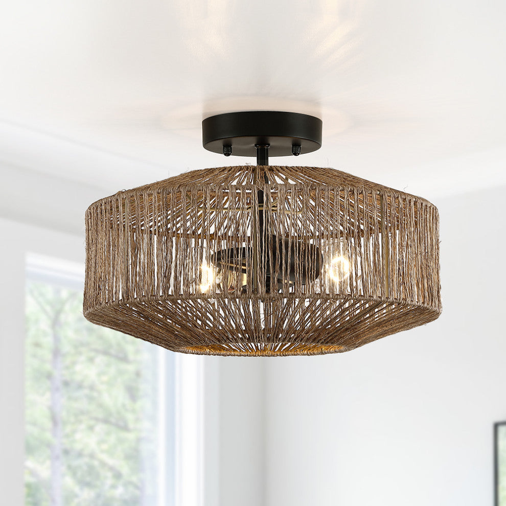 14" W 2-Light Bohemian Jute Rope Semi-Flush Mount