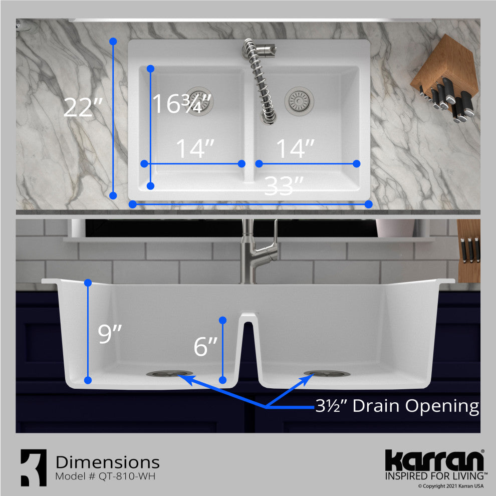 Karran 33" Top Mount Double Equal Bowl Quartz Kitchen Sink Kit, White