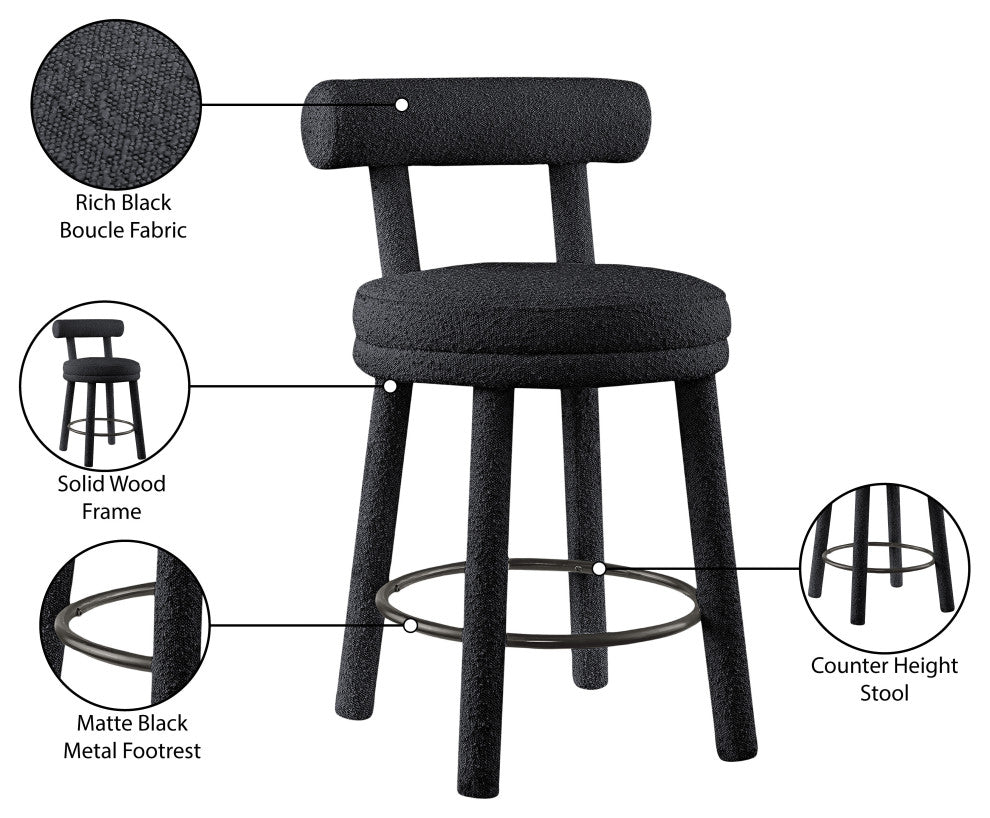 Parlor Black Boucle Fabric Stool, Set of 2, Black