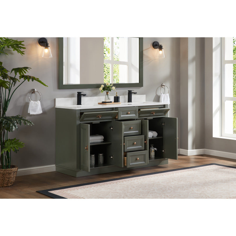 Vanity With Mirror, Sconce and Faucet Included, Pewter Green, 60"