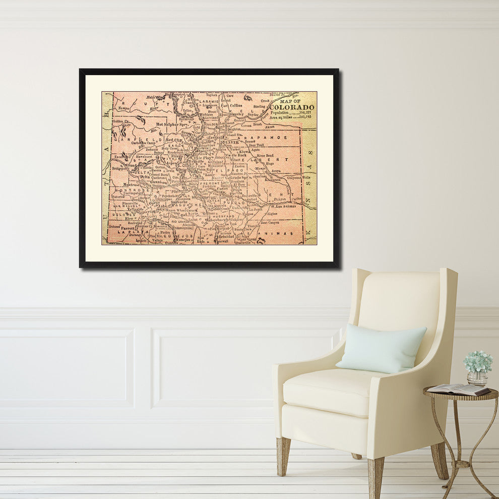 Colorado Vintage Map Print On Canvas With Picture Frame 16" X 21"