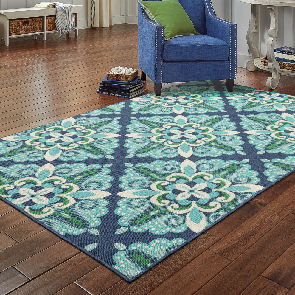 Madelina Medallion Blue and Green Indoor or Outdoor Area Rug, 8'6"x13'