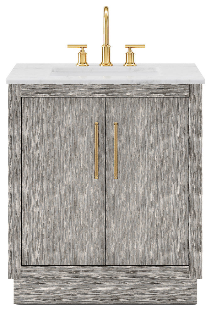 Hugo Carrara White Marble Countertop Vanity in Gray Oak, Satin Gold Hardware, 30", Vanity With Gooseneck Faucet
