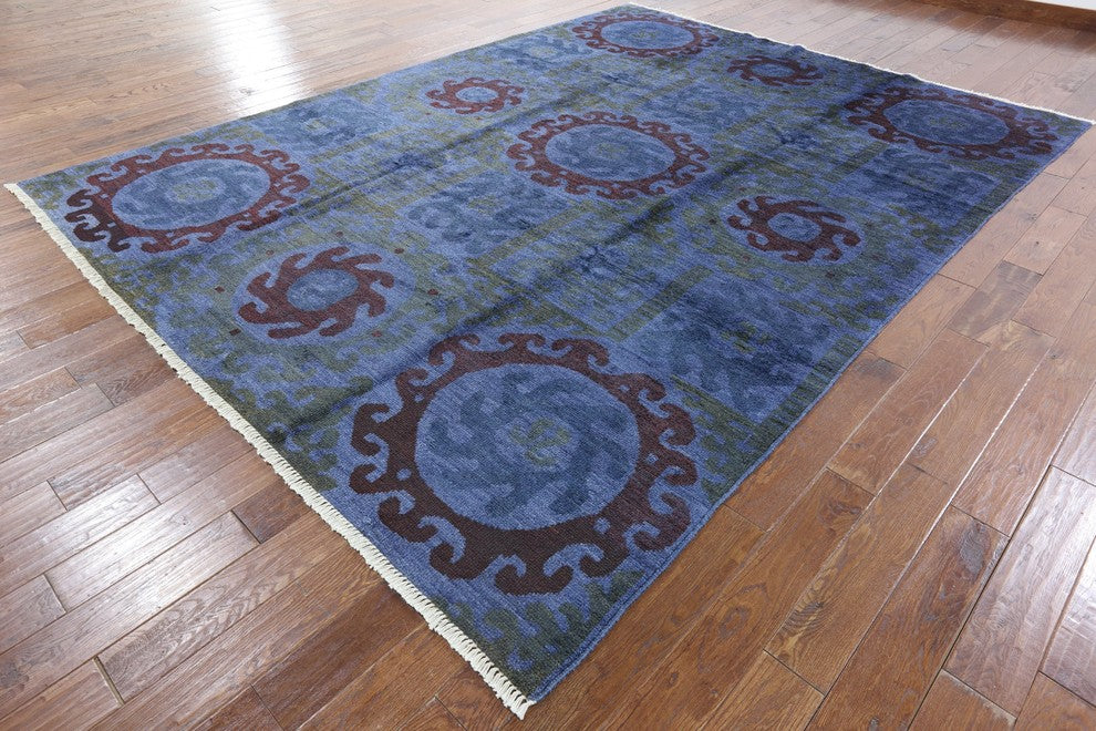 One of a Kind Geometric Blue 9'x12' Overdyed Hand Knotted Wool Area Rug H8784