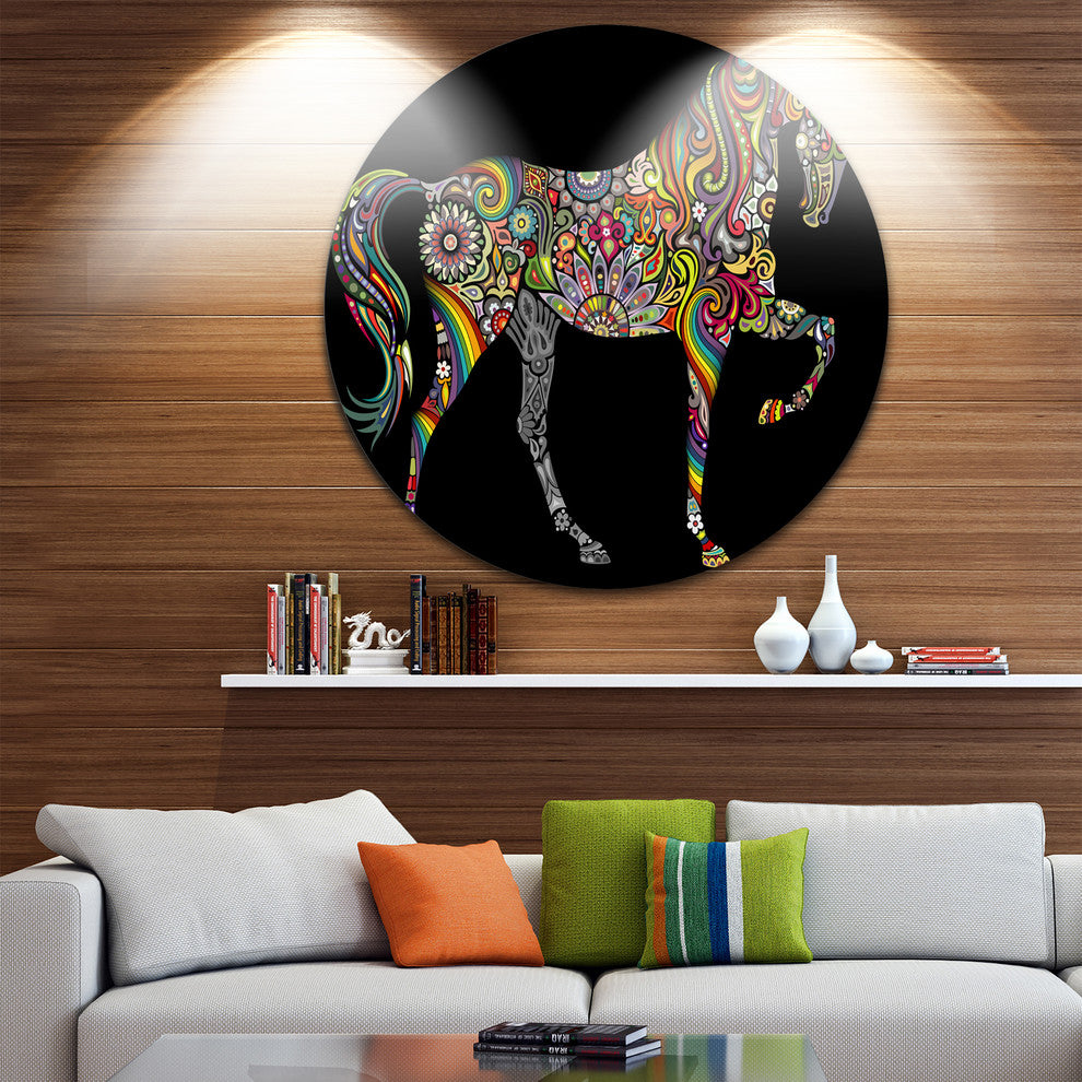 Horse And Rainbow, Animal Digital Art Disc Metal Artwork, 11"