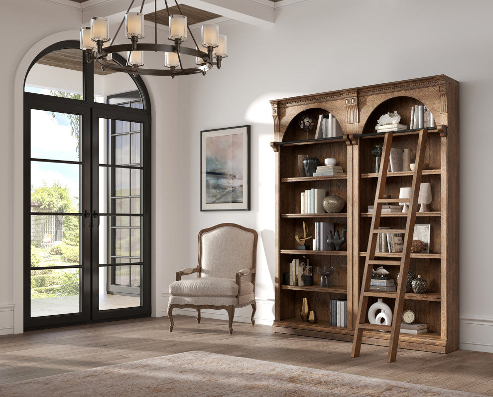 Traditional 8' Tall Bookcase Wall With Ladder, Living Room, Brown
