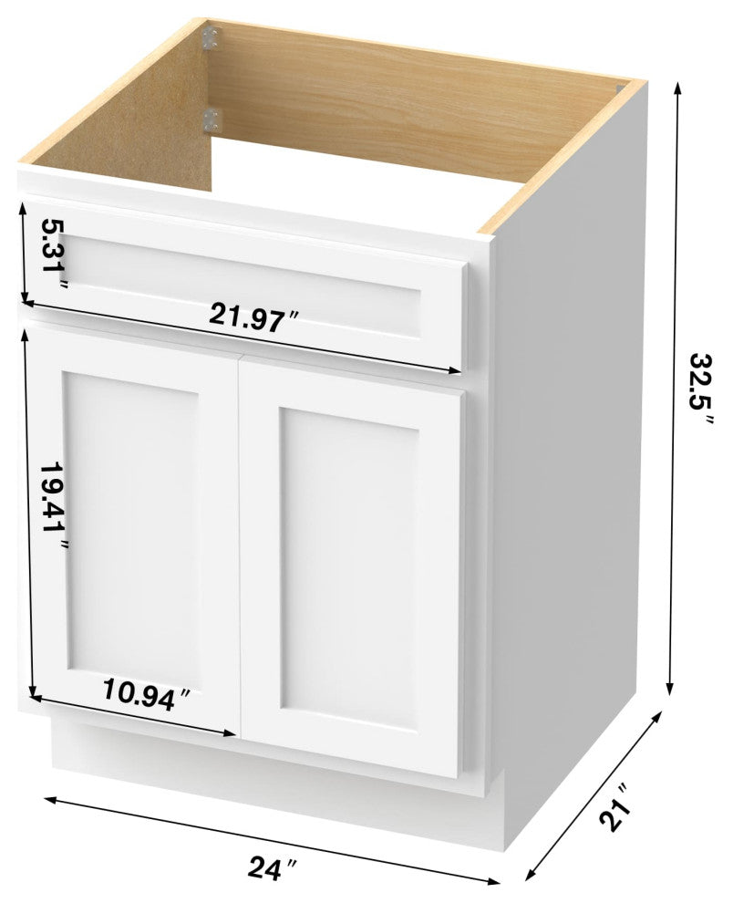 Vanity Art Vanity Base Cabinet, No Top, 24", White