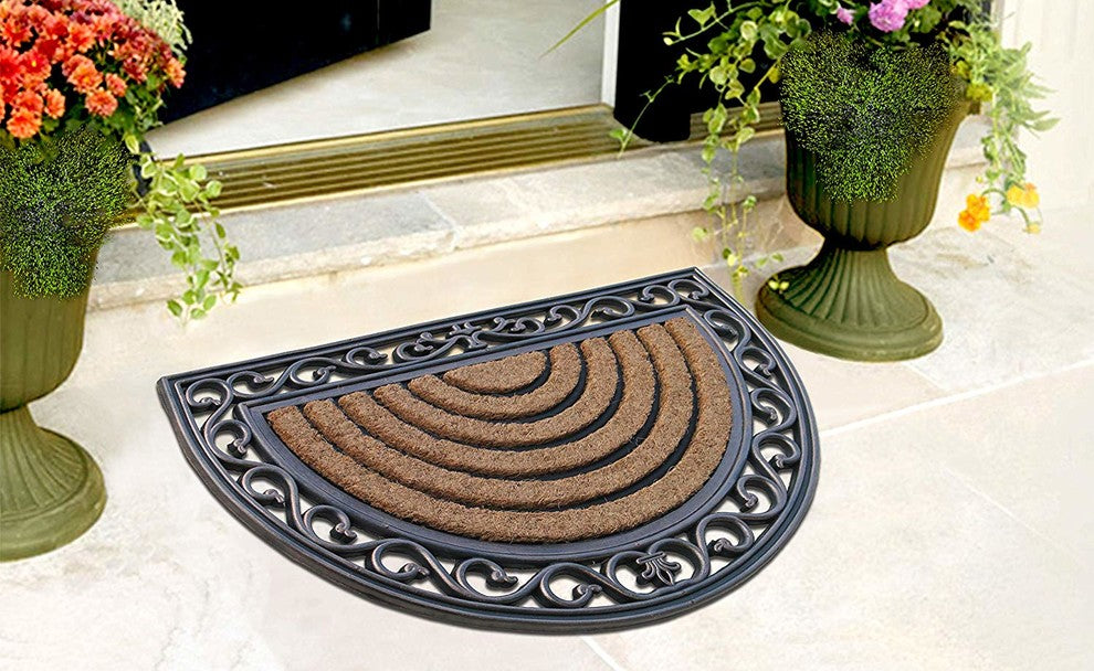 First Impression Hand-Crafted Elegant Half-Round 18"x30" Rubber Coir Door Mat