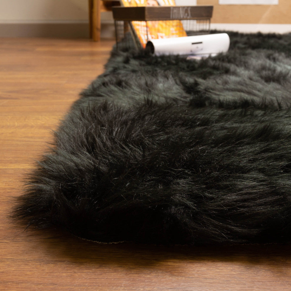 Plush and Soft Faux Sheepskin Fur Shag Area Rug, Black, 3' X 5'