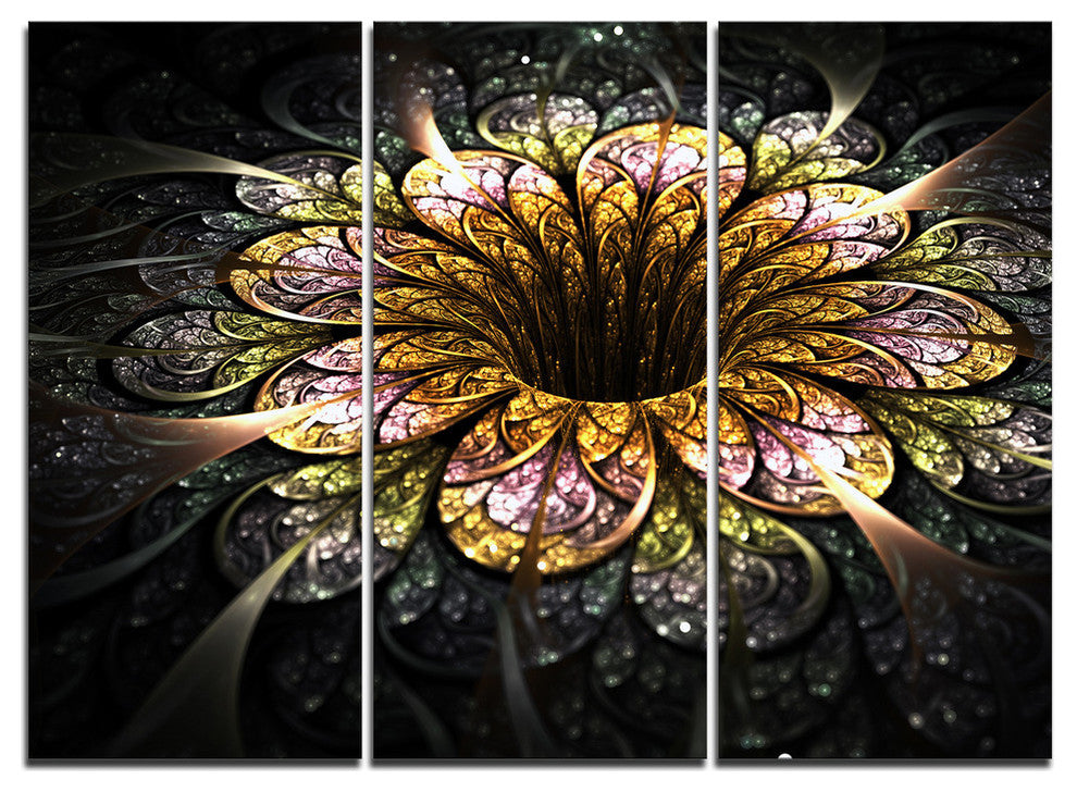 "Dark Golden Fractal Flower Digital" Metal Wall Art, 3 Panels, 36"x28"