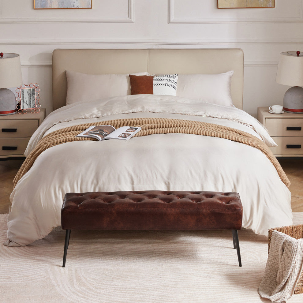 Button Tufts Bedroom Bench, Dark Brown With Black Legs-Faux Leather