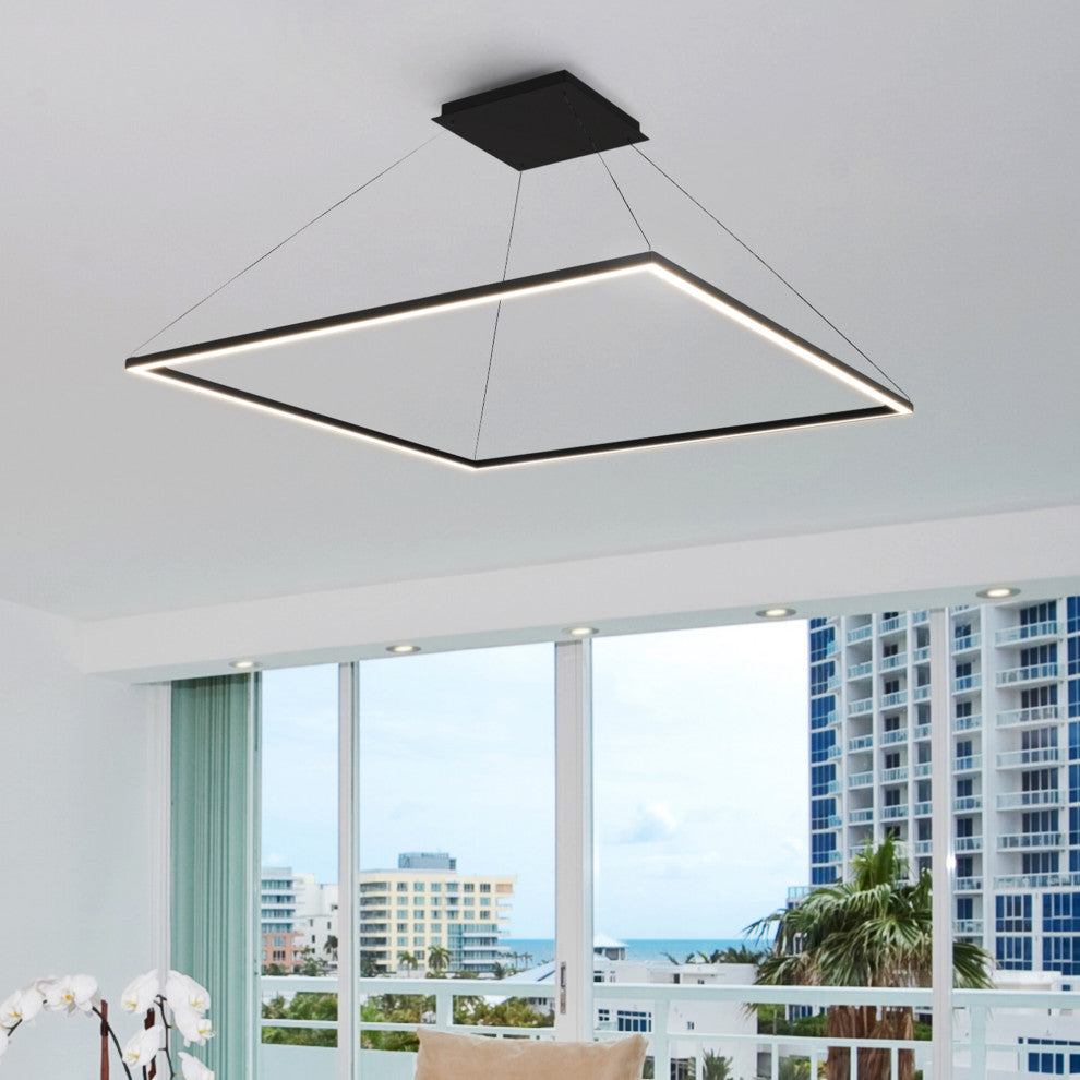 51" Atria LED Square Chandelier, Adjustable Suspension Fixture, Black