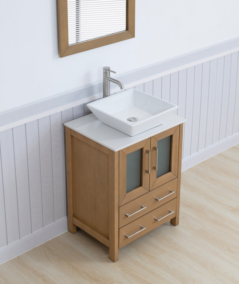 Vanity Art Bathroom Vanity Set With Sink, Natural Oak, 24", Standard Mirror