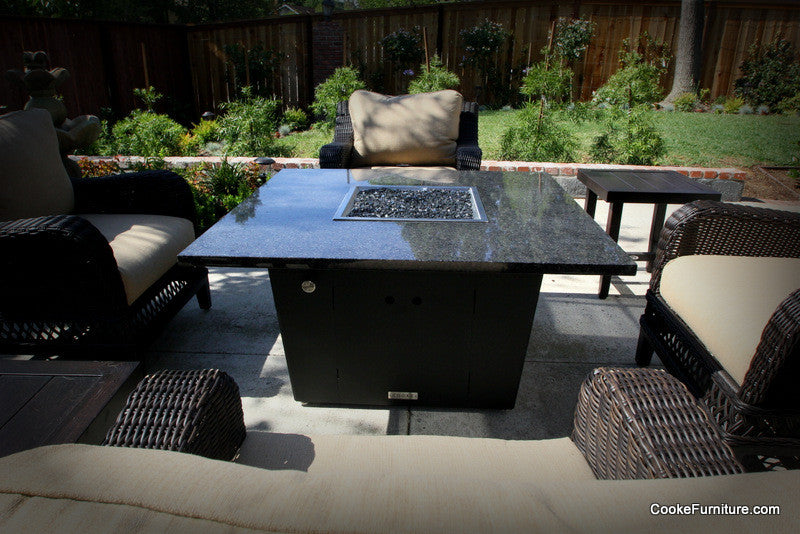 Square Fire Pit Table, 44x44, Chat Height, Natural Gas, Black Pearl Top, Beige