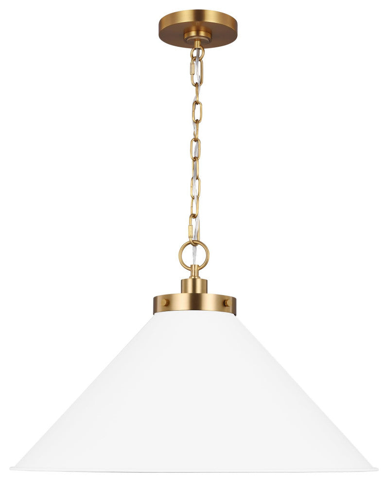Wellfleet Wide Cone Pendant, Matte White and Burnished Brass