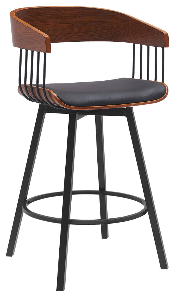 Athena Swivel Walnut Wood Counter Stool Black Faux Leather With Black Metal, 27"