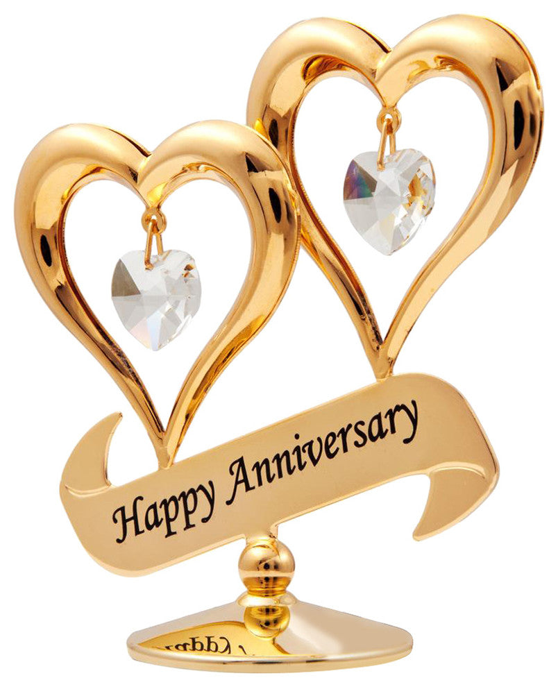 24K Gold Plated Happy Anniversary Inscribed Double Heart Ornament