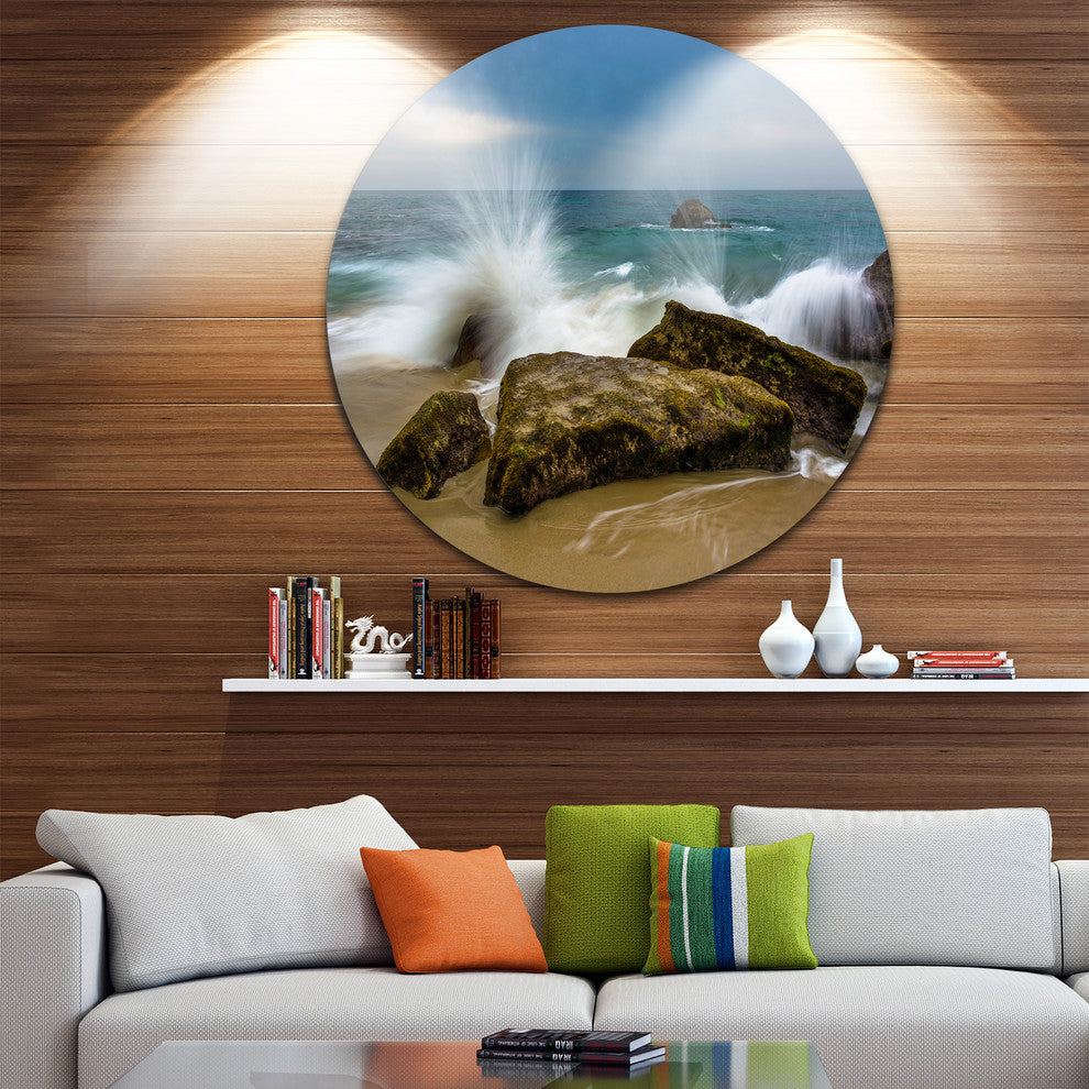 Waves Crashing Rocks At Woods Cove, Seashore Round Wall Art, 23"