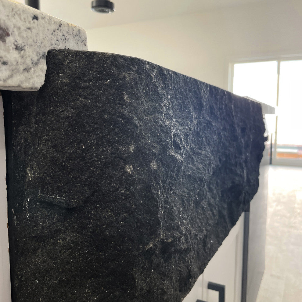 Single Bowl Kitchen Sink, Black Granite With Natural Chiseled Apron