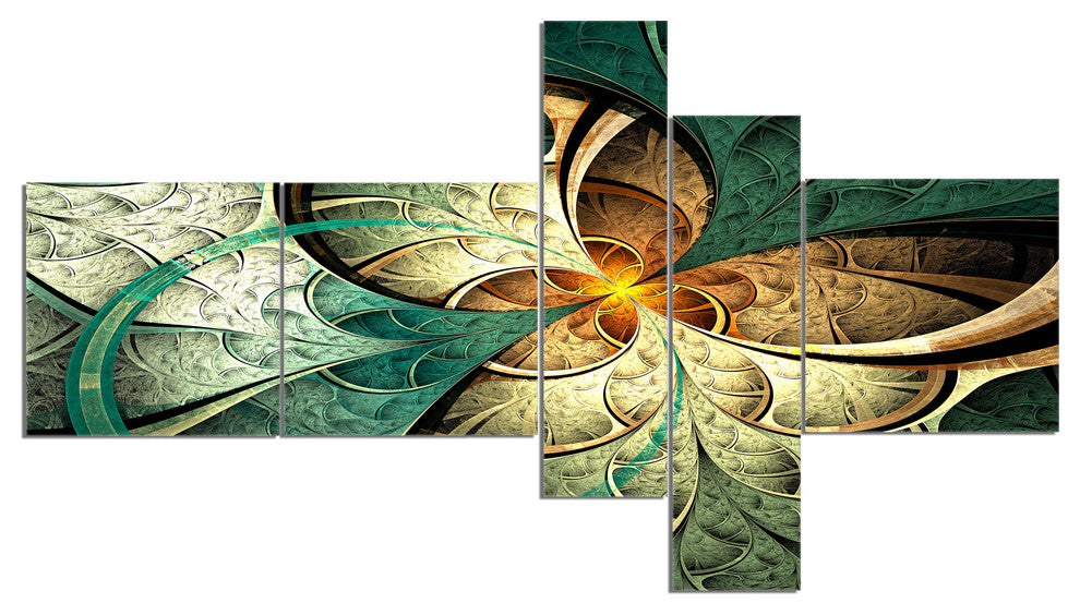 Dark Yellow Green Fractal Flower, Abstract Canvas Art Print, 60"x32", 5 panels