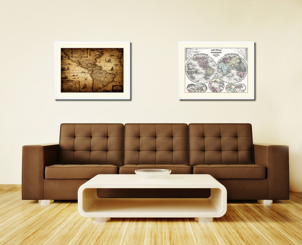 America Old Map Print On Canvas With Picture Frame Art Collection 16" X 21"