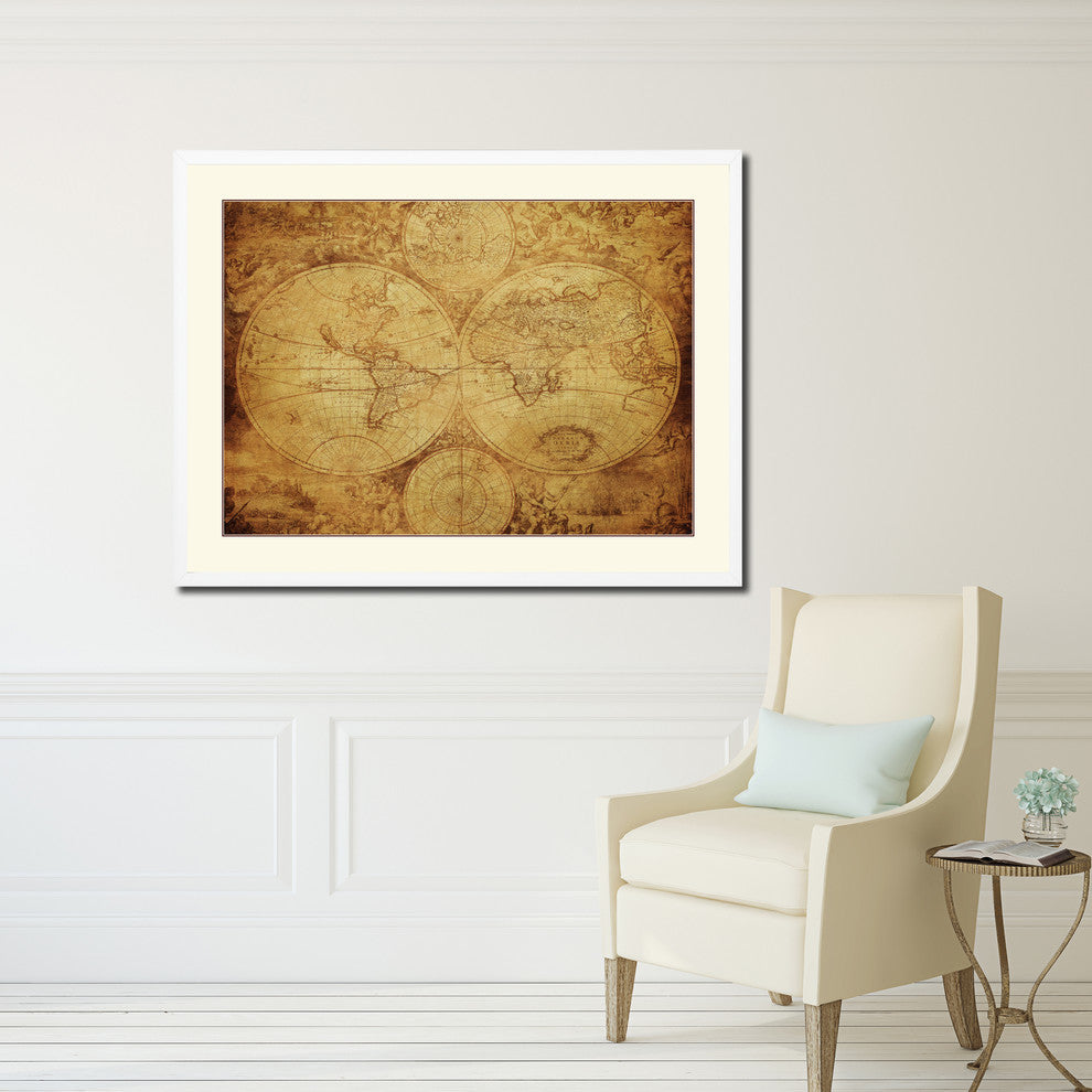 The World Circa Vintage Old Map Print On Canvas With Picture Frame 28" X 37"
