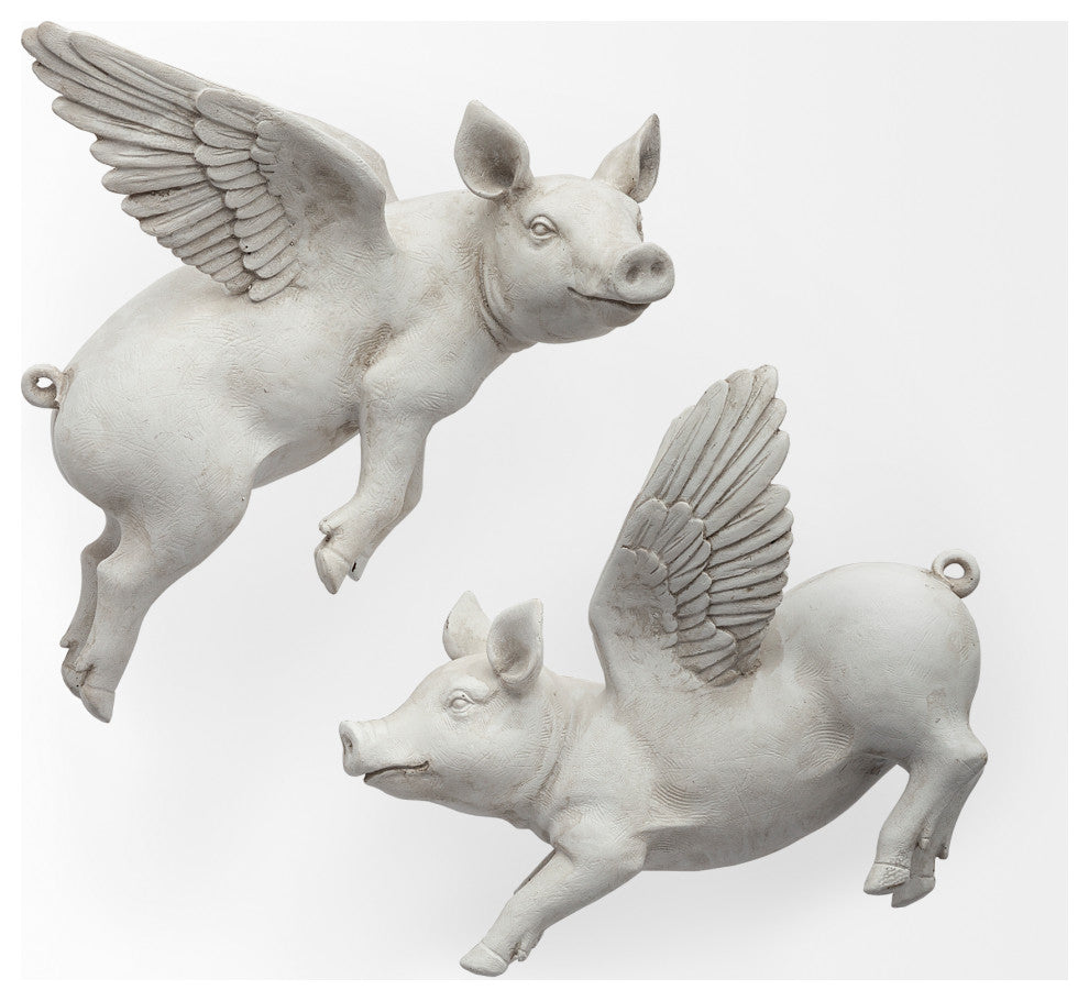 Hogbadi I White Resin Flying Pigs, Set Of 2, White