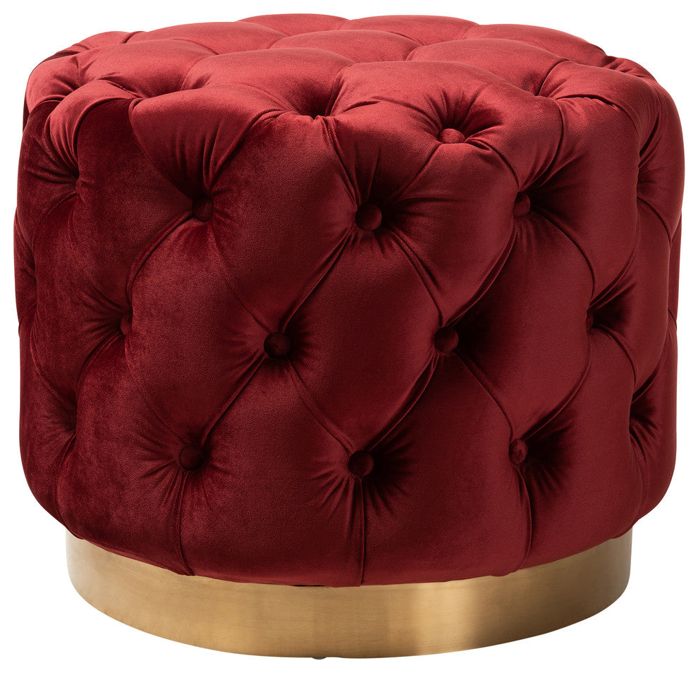 Maxine Glam Velvet Fabric Gold Button Tuft Ottoman, Burgundy