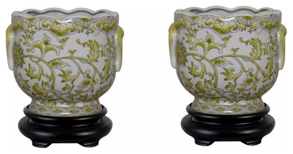 Set of 2 Round Scallop Rim Black and White Lotus Porcelain Pot Base 7"