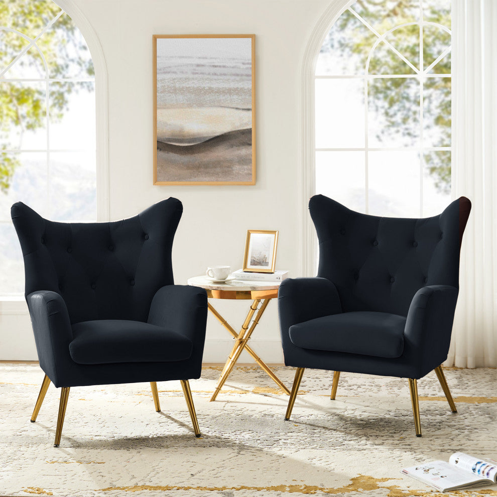 Tufted Accent Chair With Golden Legs, Black
