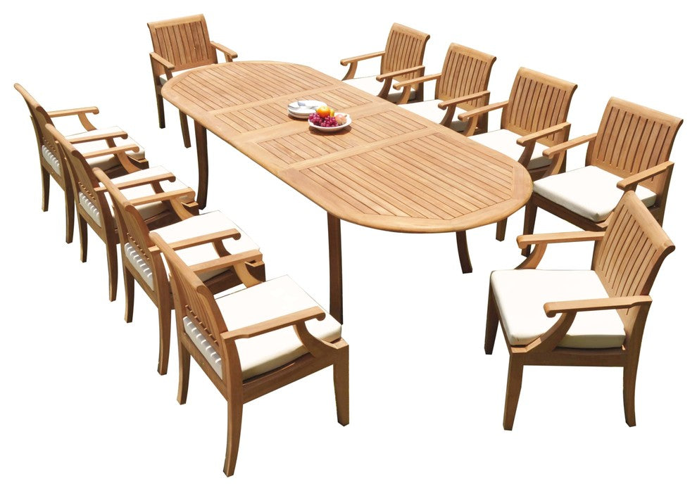 11-Piece Outdoor Teak Dining Set: 117" Oval Extension Table, 10 Lagos Arm Chairs