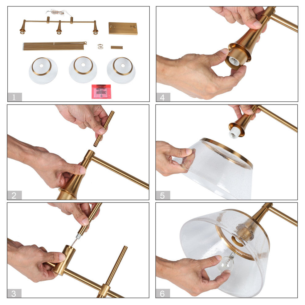 LNC 3-Light Polished Gold Modern Linear Kitchen Island Light, Seeded Glass