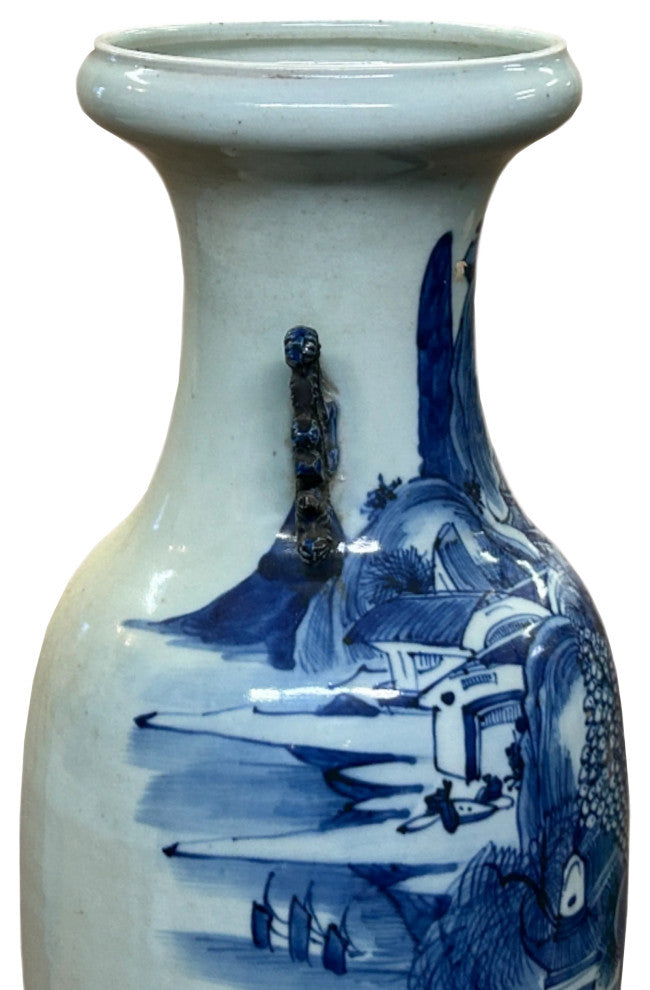 23.5" Vintage Blue White Scenery Porcelain Ru Yi Ear Art Vase Hws4361