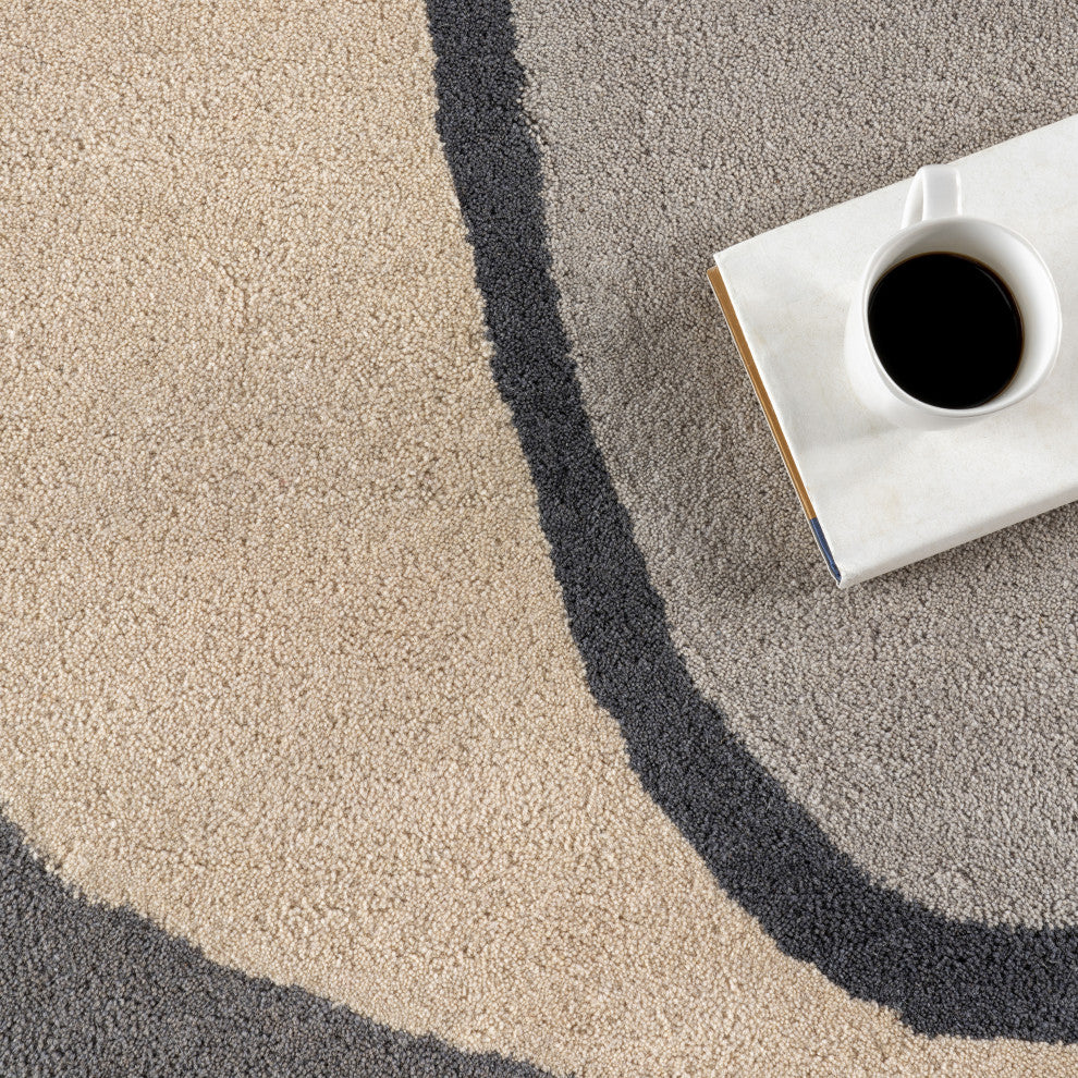 Greenwich Abstract Wool Area Rug, Grey 6'x9'Shaped