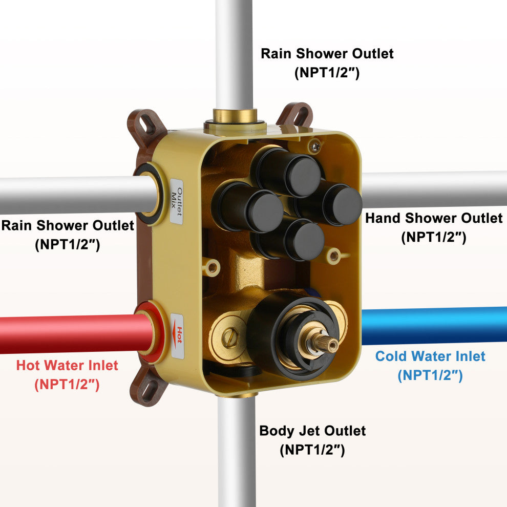 12" Dual Heads Shower System with 4 Way Thermostatic Faucet, Matte Black