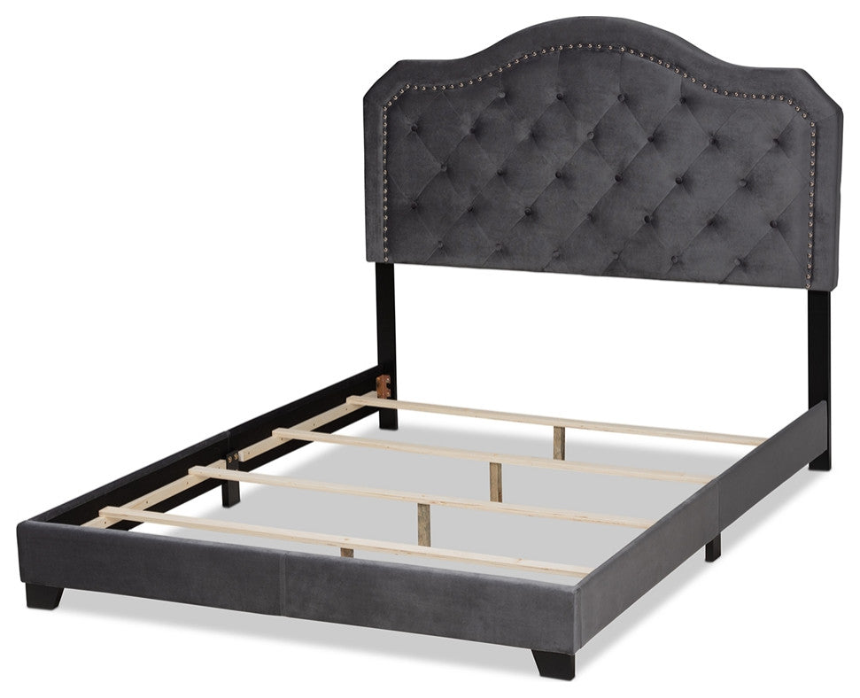 Modern Grey Velvet Fabric Upholstered Full Size Button Tufted Bed