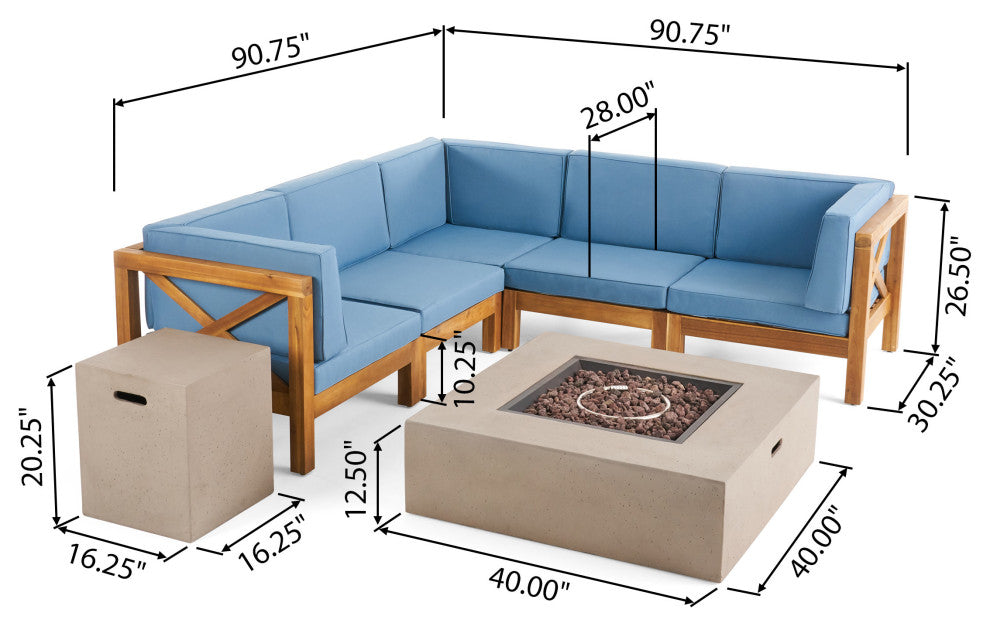 GDF Studio 7-Piece Cytheria Outdoor Sectional Acacia Wood Sofa Set With Fire Pit, Blue