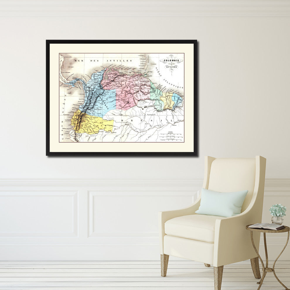 Columbia, Venezuela, Guianna Map Print On Canvas With Picture Frame, 16" X 21"