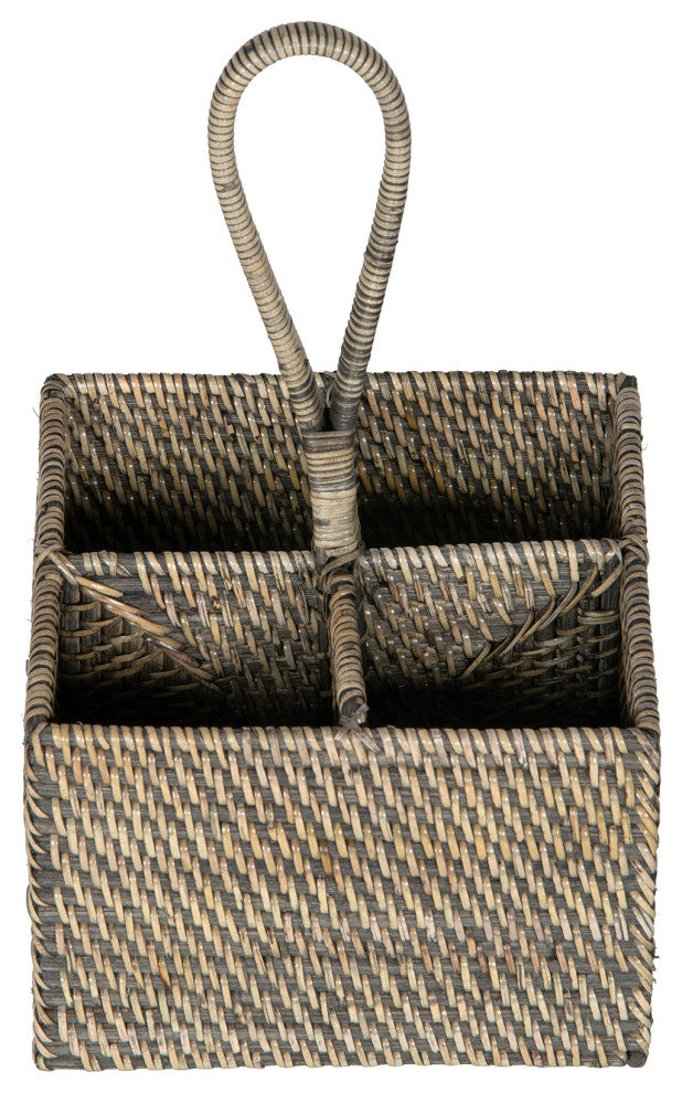 Loma Rattan Bottle and Silverware Caddy, Black-Wash