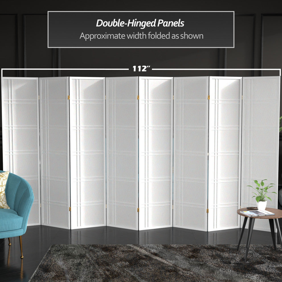 6' Tall Double Cross Shoji Screen, White, 8 Panels