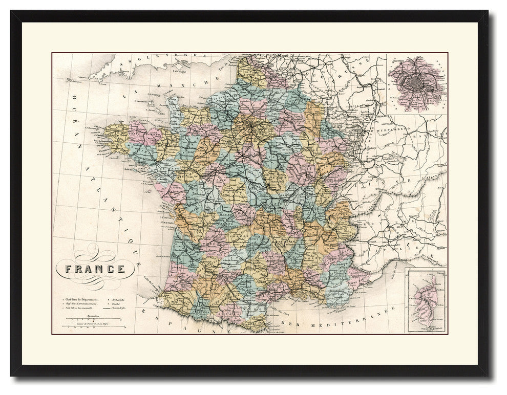 France Paris Vintage Antique Map Wall Art, 28"x37"