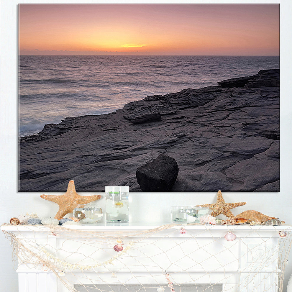 "Massive Rock On Beach Magoito Sintra" Contemporary Seascape Art Canvas, 40"x20"