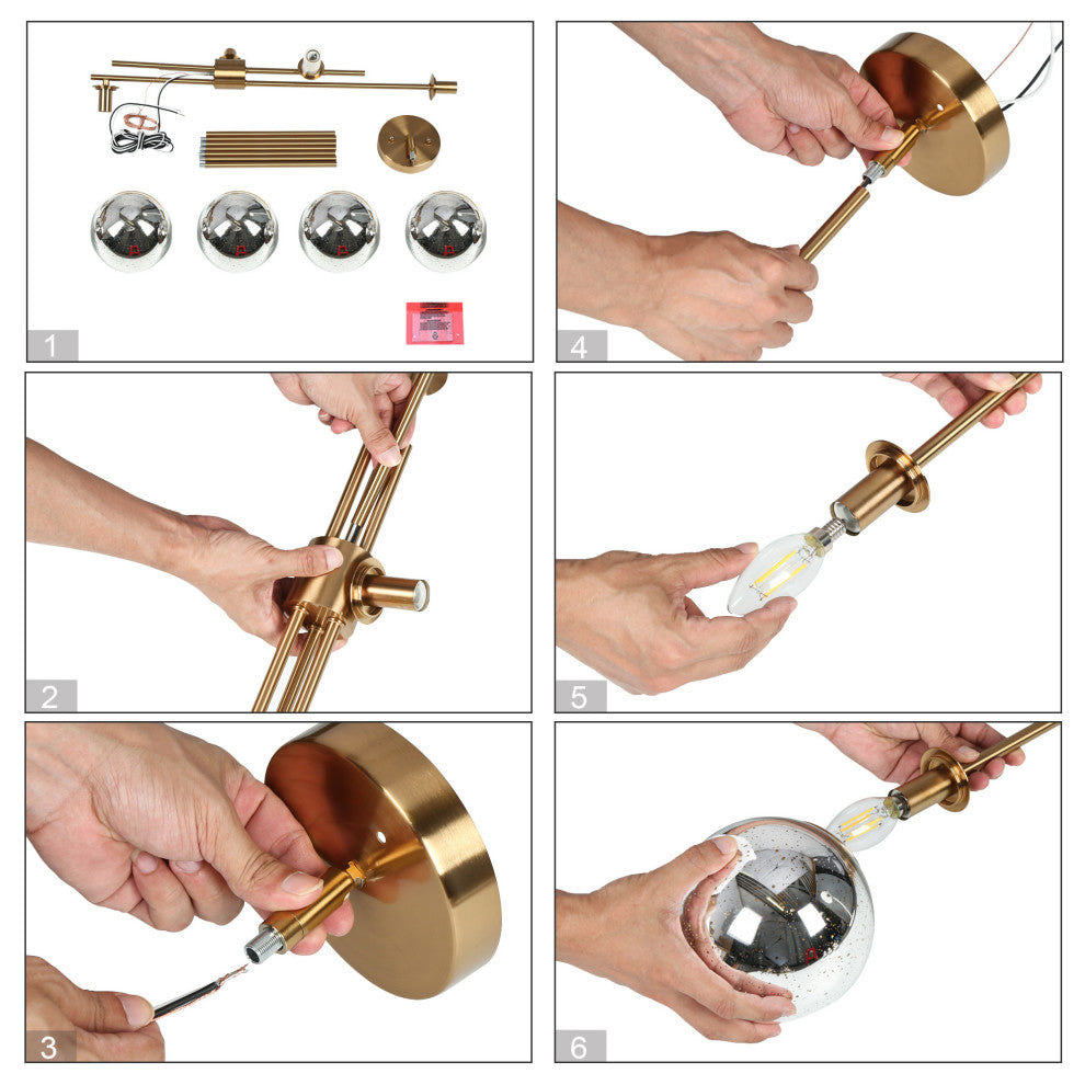 LNC Crithmum 4-Light 13" Modern Mercury Globe Glass Kitchen Island Light, Brass