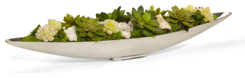 Artifical succulents in Silver Boat, White
