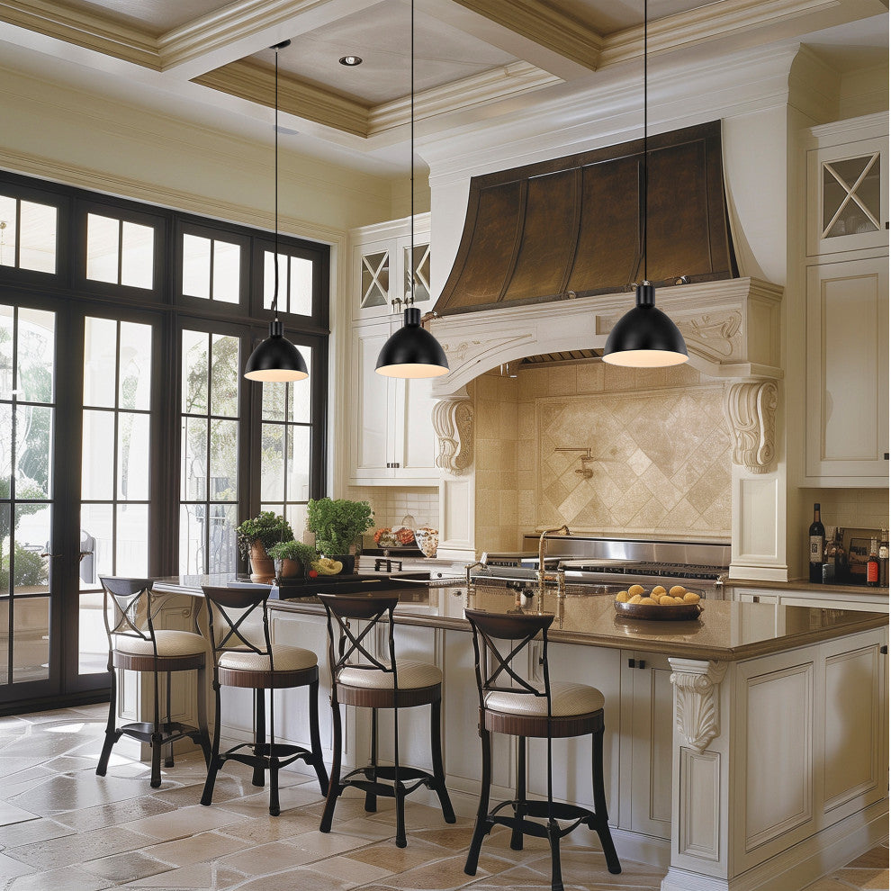 1-Light Matte Black and Brushed Nickel Pendant Light With Bowl Metal Shade